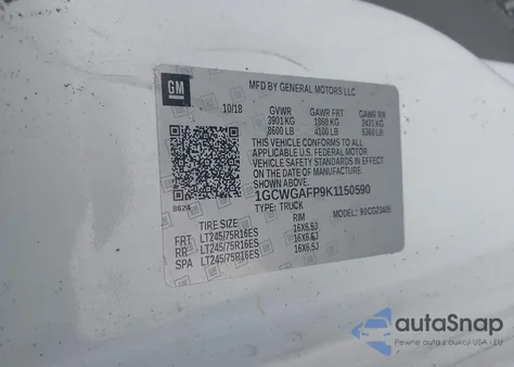 2019 Chevrolet Express 2500 Work Van z USA, uszkodzony, nr VIN 1GCWGAFP9K1150590